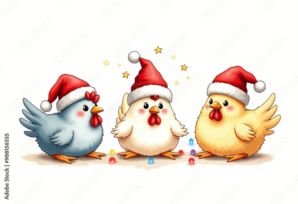 Three Festive Chickens in Christmas Hats: A Watercolor Cartoon Illustration
Three Festive Chickens in Christmas Hats: A Watercolor Cartoon Illustration
