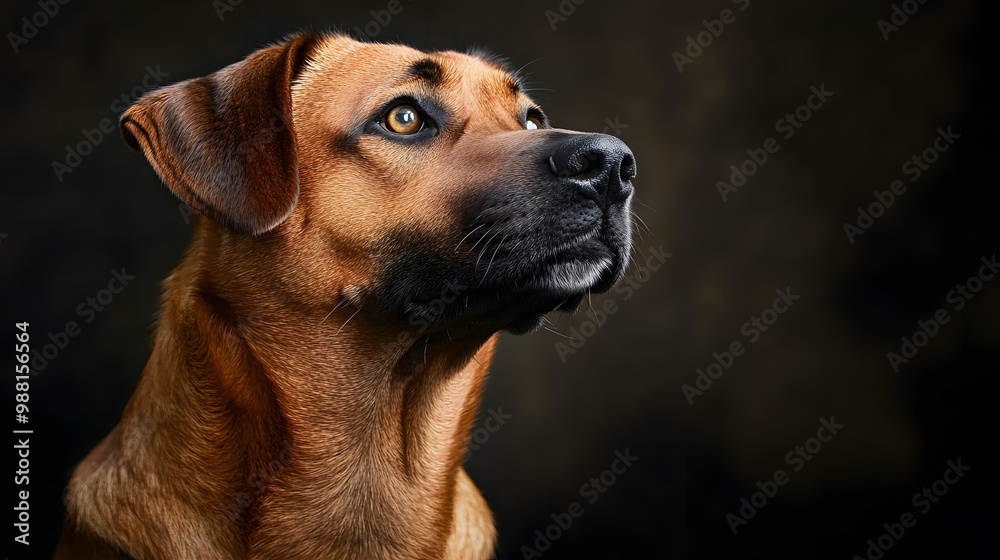 Close-up portrait of a brown and black dog with a curious expression, looking up and to the right, against a dark background. Close-up portrait of a brown and black dog with a curious expression, looking up and to the right, against a dark background.