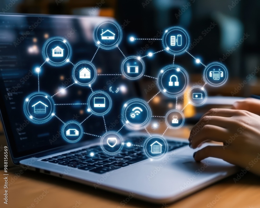 Hands typing on laptop with network icons. Hands typing on laptop with network icons.