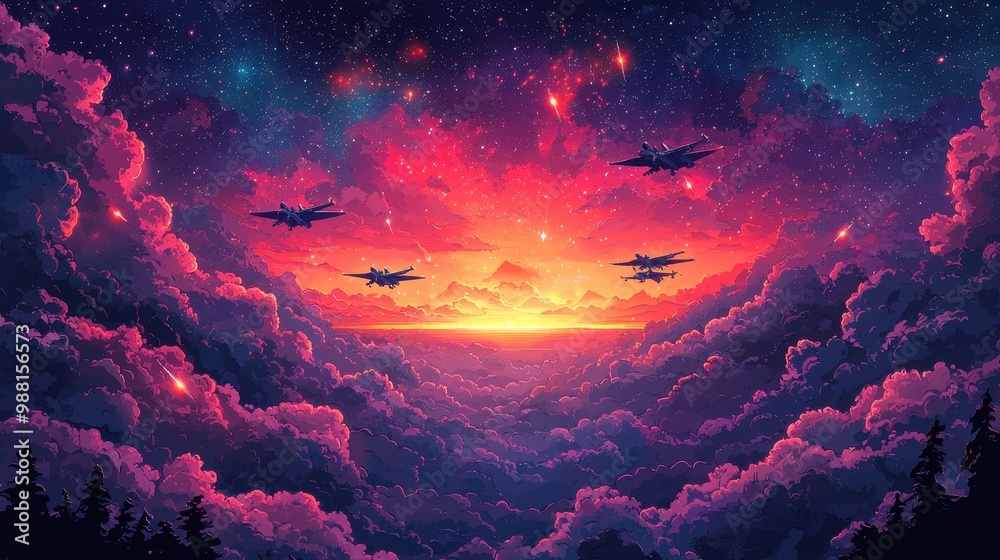 Flying Through Pink Clouds at Sunset with Stars and Shooting Stars Flying Through Pink Clouds at Sunset with Stars and Shooting Stars