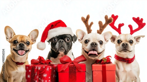 Four adorable dogs in festive attire celebrate with presents for Christmas. Perfect for seasonal and holiday-themed projects. photo