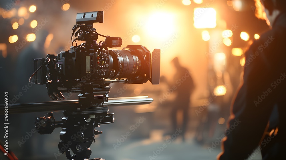 Professional Film Camera On Tripod With Bokeh Lights In Background. Professional Film Camera On Tripod With Bokeh Lights In Background.