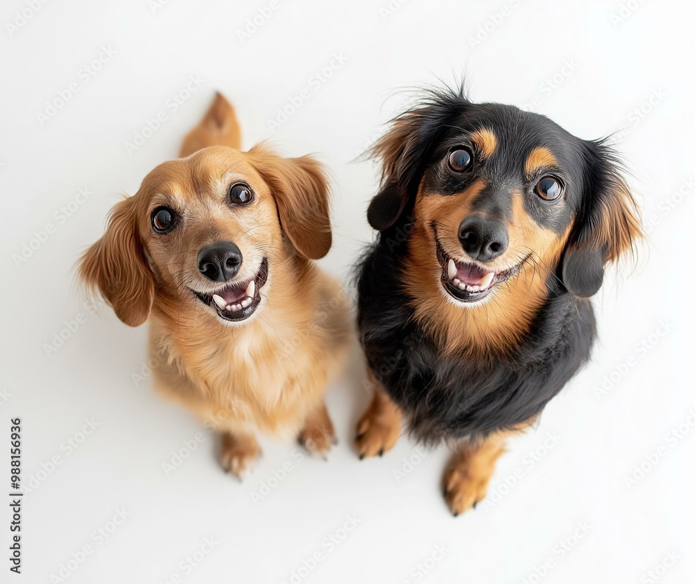 Two adorable dogs with happy expressions, perfect for showcasing joy and companionship in a clean, modern setting. Two adorable dogs with happy expressions, perfect for showcasing joy and companionship in a clean, modern setting.