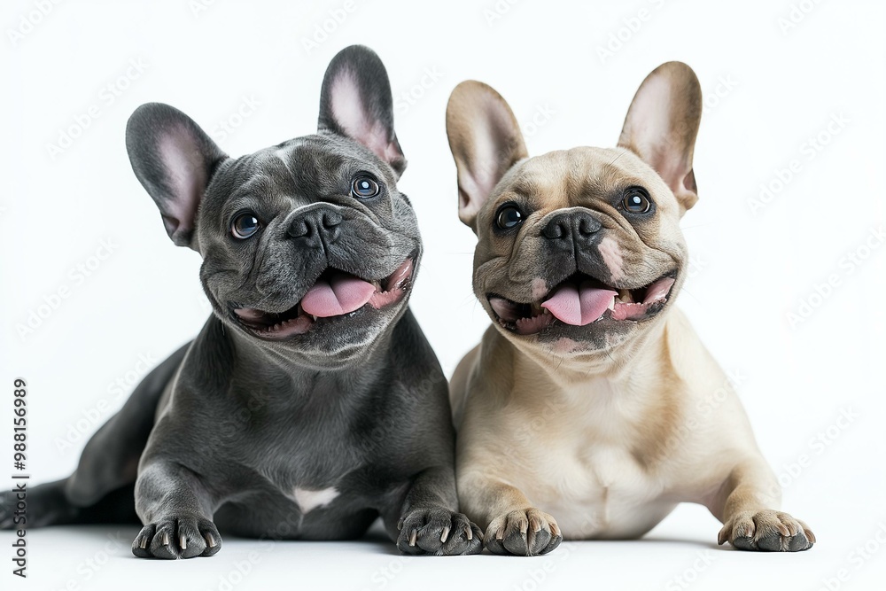 Fototapeta premium Two adorable French Bulldogs with happy expressions, posing together on a white background. Perfect for animal lovers and pet enthusiasts.