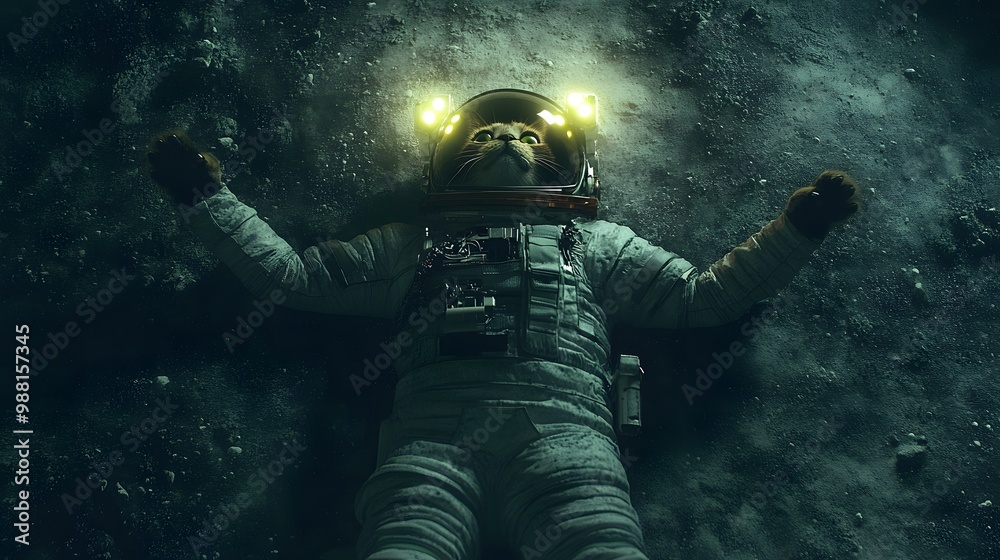 Fototapeta premium A cat wearing an astronaut suit lies on a dark and rocky surface, looking up with bright lights on its helmet.