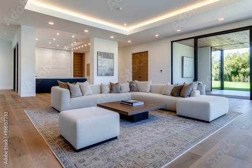 A living room with a large area rug, soft lighting, and comfortable seating arranged around a coffee table photo