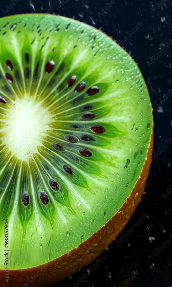 An up-close look at a fresh kiwi slice reveals its eye-catching green hue and distinctive seed pattern.