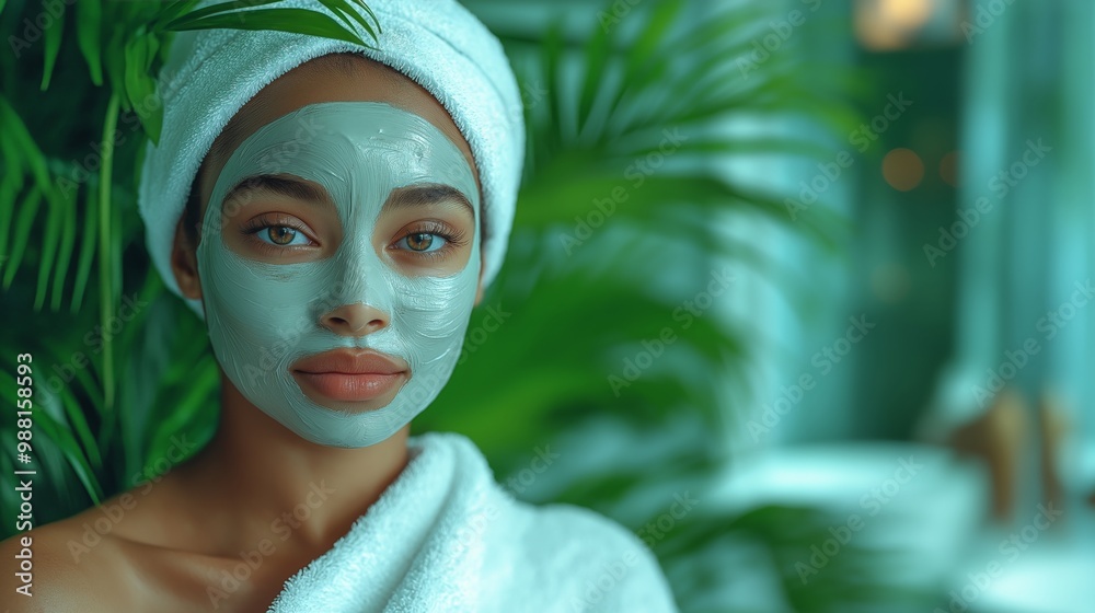Spa day relaxation with a serene young woman in a towel and face mask, surrounded by lush greenery, capturing the essence of self-care and rejuvenation in a tranquil spa setting Spa day relaxation with a serene young woman in a towel and face mask, surrounded by lush greenery, capturing the essence of self-care and rejuvenation in a tranquil spa setting