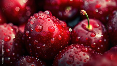 Closeup of Cherries with Dew Drops