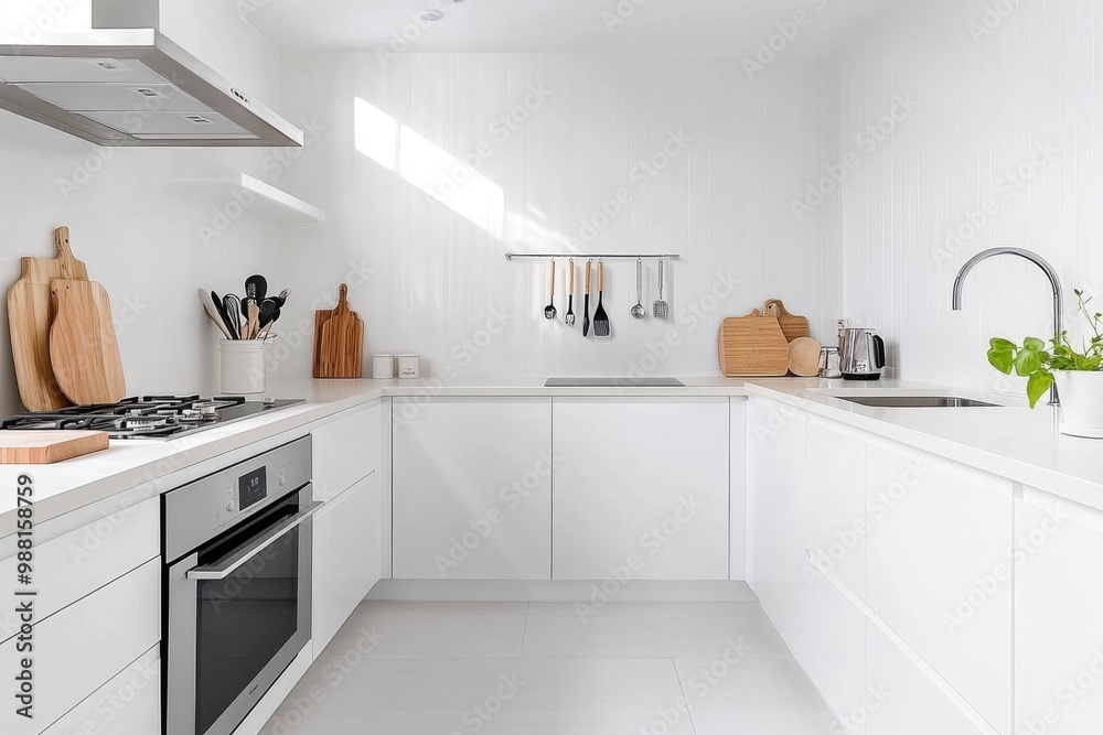 Fototapeta premium A minimalist kitchen with clean lines, white cabinets, and just a few carefully placed utensils