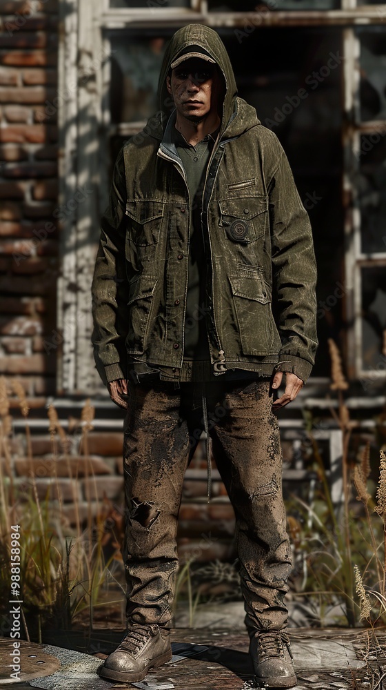 Man in a Hooded Jacket Standing in Front of a Ruined Building Man in a Hooded Jacket Standing in Front of a Ruined Building