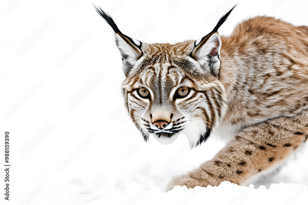 Close-up of a lynx with black ear tufts looking directly at the camera, in a snowy environment. Close-up of a lynx with black ear tufts looking directly at the camera, in a snowy environment.