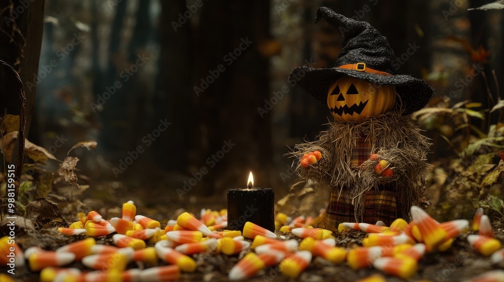 Spooky Halloween Pumpkin and Candy Corn in a Mysterious Forest Spooky Halloween Pumpkin and Candy Corn in a Mysterious Forest