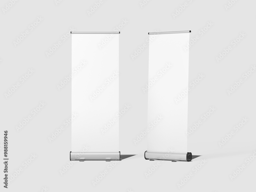 White Blank Roll Up Banner Stand Mockup 3D Render White Blank Roll Up Banner Stand Mockup 3D Render