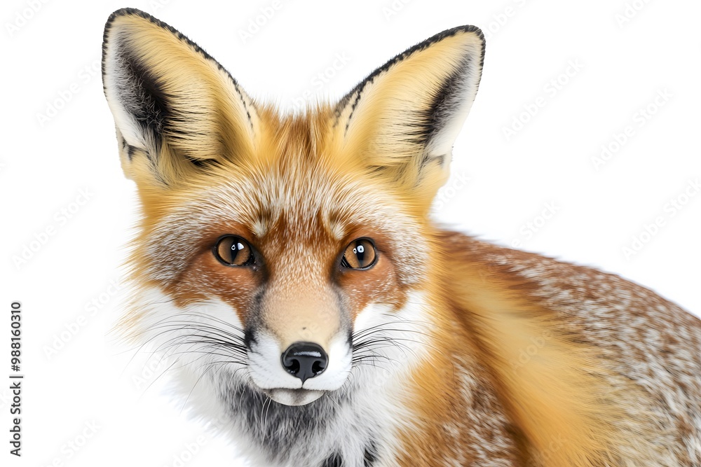 Close-up portrait of a red fox with a white background looking at the camera. Close-up portrait of a red fox with a white background looking at the camera.