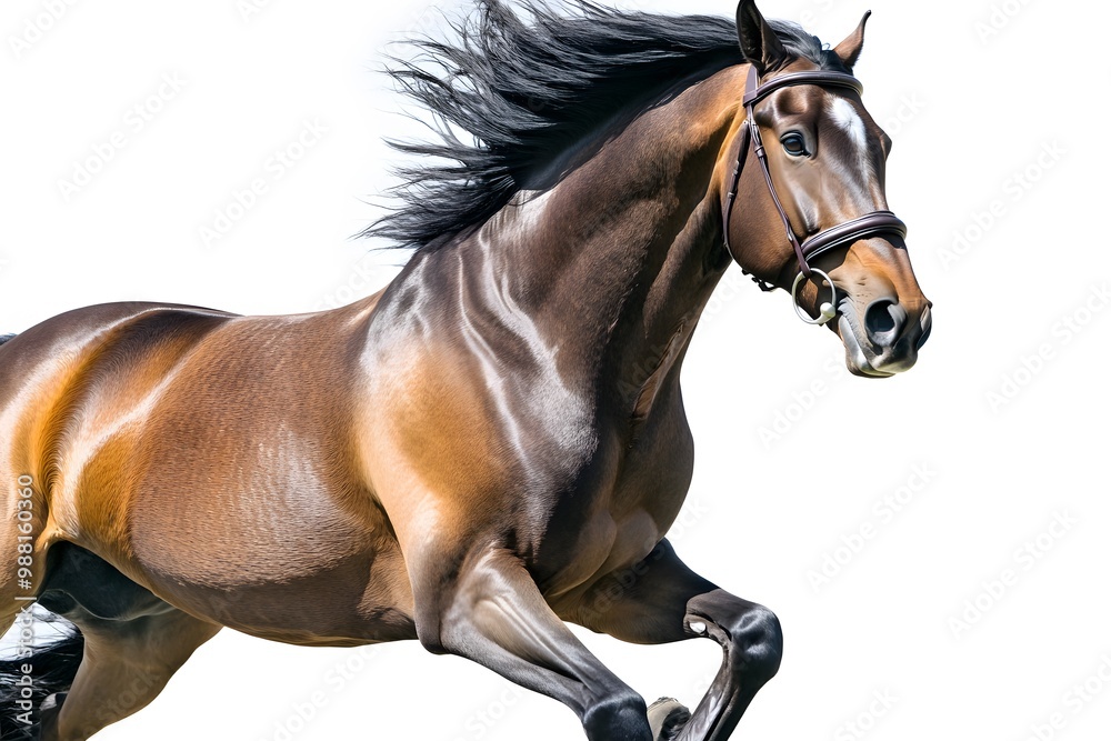 Bay horse with a black mane and tail runs with his head held high, isolated on a white background.