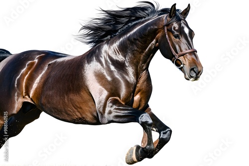 A bay horse with a black mane and tail running at full speed. The horse is wearing a brown bridle.