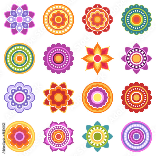 Collection of different symmetrical mandalas on white background. Ethnic mandala, oriental pattern. Relaxation, meditation. Indian or Arabic mandala. Diwali festival.