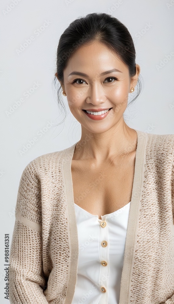 chic cardigan 40s indonesian white photography woman portrait aring background pleased portrait head shot blissful content delighted glad joyful rejoicing happy radiant smiling mother female mid-life chic cardigan 40s indonesian white photography woman portrait aring background pleased portrait head shot blissful content delighted glad joyful rejoicing happy radiant smiling mother female mid-life