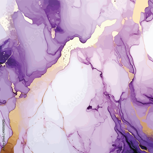 Mauve liquid watercolor background with golden glitter lines. Pastel violet marble alcohol ink drawing effect. Vector illustration of abstract stylish fluid art amethyst backdrop.
