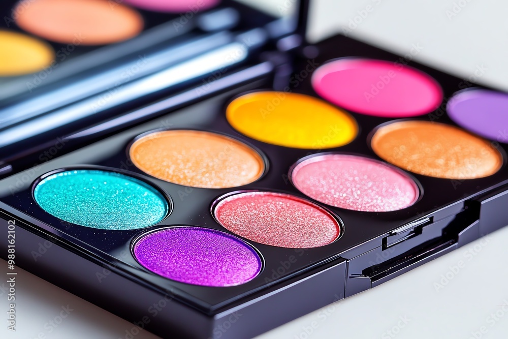 A makeup palette with bright, bold colors, featuring vibrant shades of eyeshadow perfect for a creative look A makeup palette with bright, bold colors, featuring vibrant shades of eyeshadow perfect for a creative look
