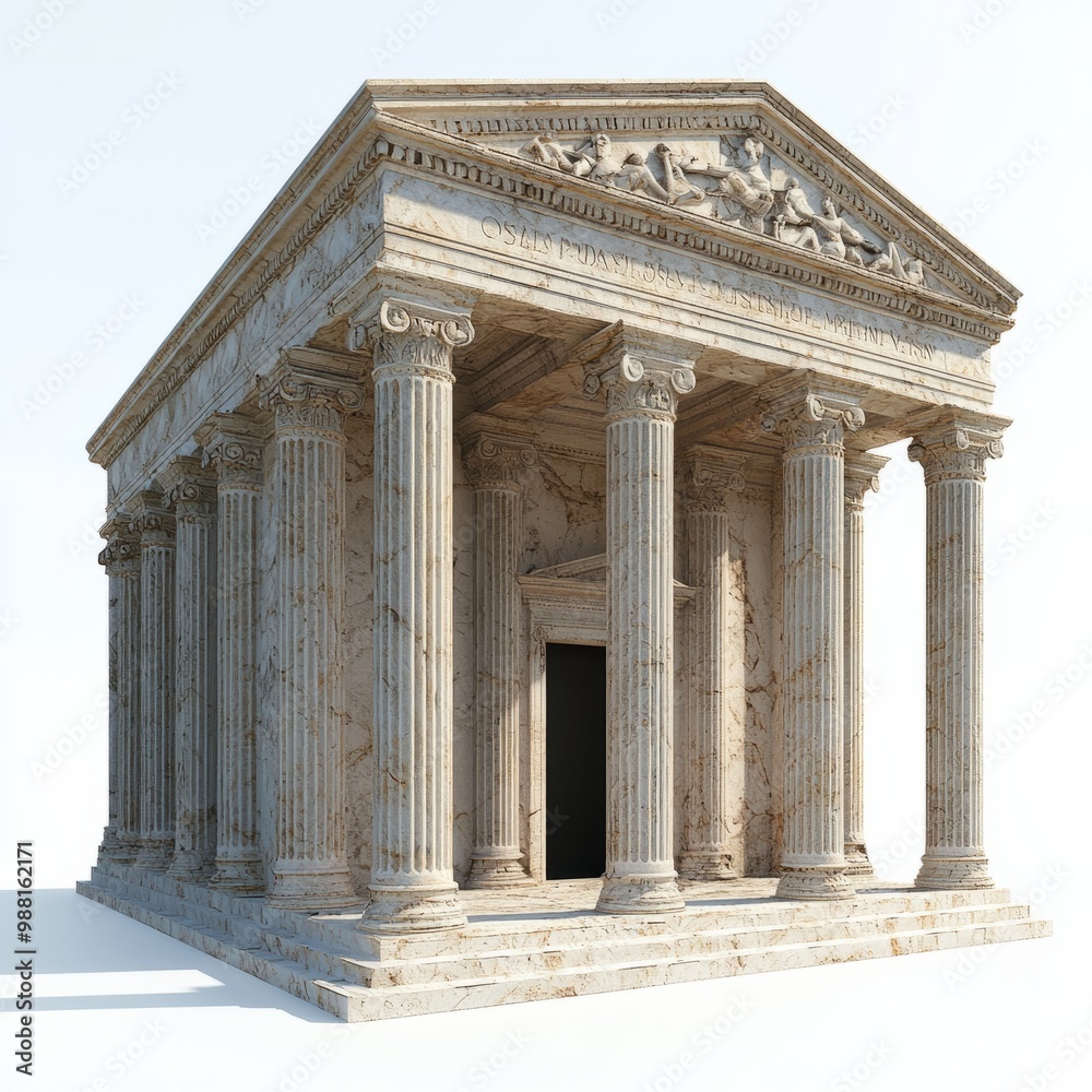 3D Render of a Roman temple with a beautifully crafted entablature, on isolated white background