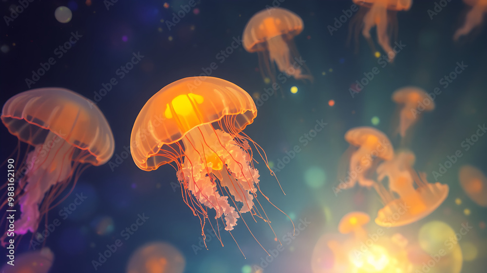 Naklejka premium Colorful Jellyfish Underwater Scene