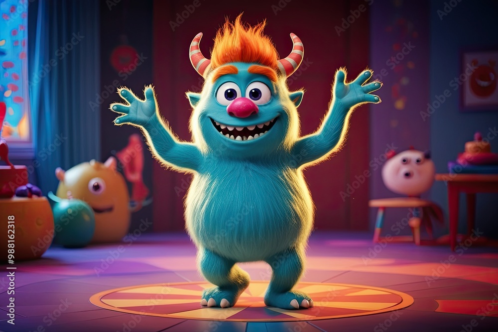 Fototapeta premium Cute Mischievous Monster Wiggle-Dancing in Vivid 3D Animation with Playful Ambiance and Whimsical Design