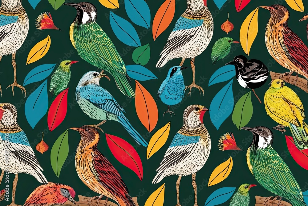 Obraz premium Captivating Avian Life: Colorful Background Design in Block Print Style