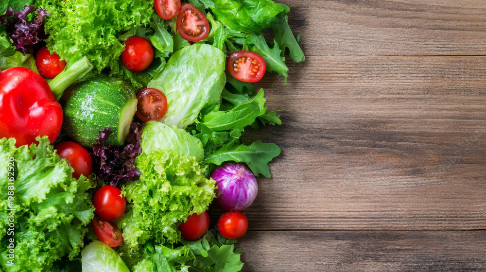 Fresh leafy green salad with variety of vegetables including tomatoes, peppers, and lettuce, beautifully arranged on wooden surface, evoking sense of health and vitality Fresh leafy green salad with variety of vegetables including tomatoes, peppers, and lettuce, beautifully arranged on wooden surface, evoking sense of health and vitality