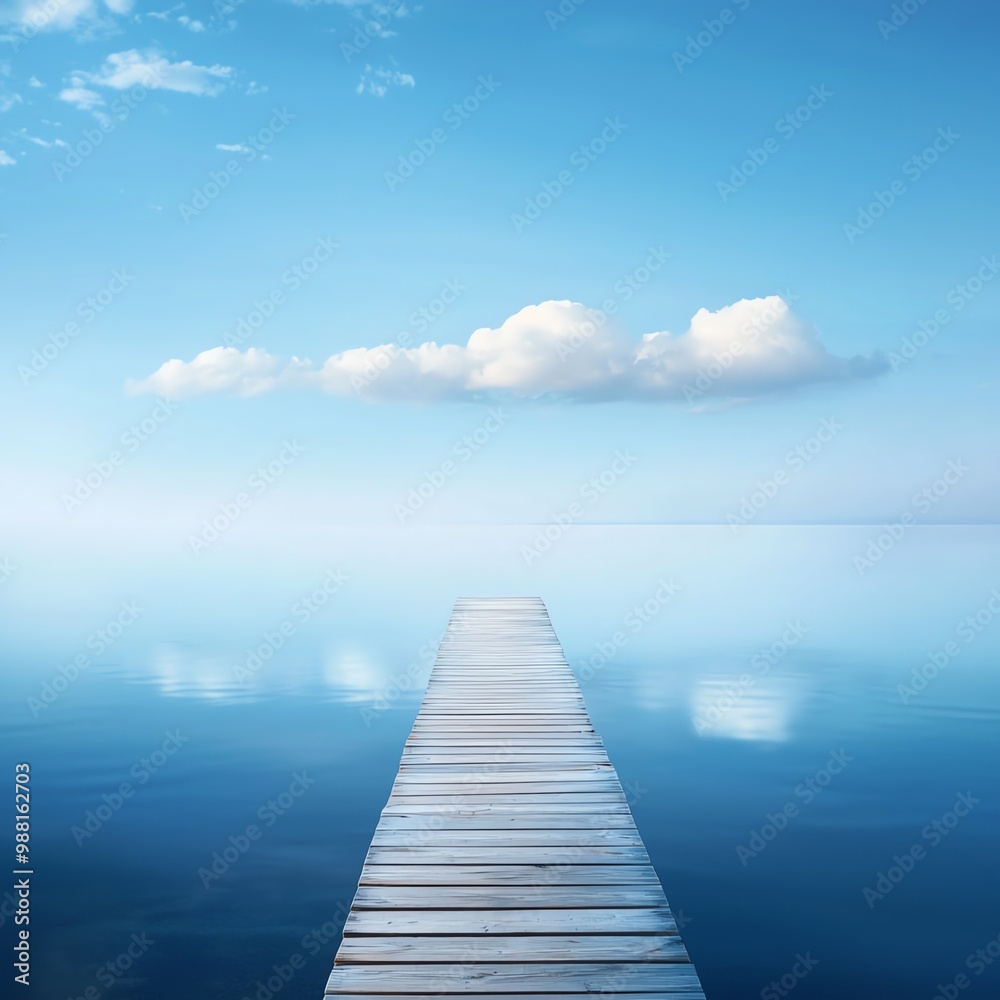 A peaceful pier extending into still ocean waters, with soft clouds reflecting in the sea A peaceful pier extending into still ocean waters, with soft clouds reflecting in the sea