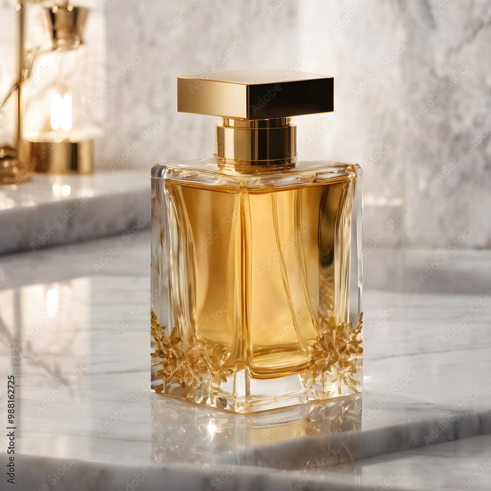 A crystal-clear perfume bottle with gold accents on a clean, white marble background with soft lighting A crystal-clear perfume bottle with gold accents on a clean, white marble background with soft lighting