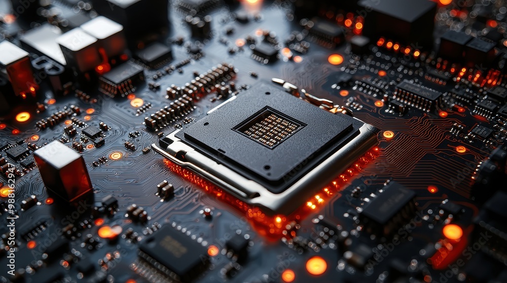 Close Up of Motherboard with CPU Socket and LED Lights Close Up of Motherboard with CPU Socket and LED Lights