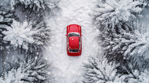 Christmas tree toy in shape of red car top view winter. Red Car Driving Through Snowy Winter Forest. Aerial view of a red car driving through a snow-covered forest, surrounded by frosty trees