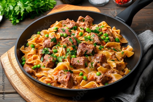 Hearty Beef and Noodle Dish in a Black Skillet