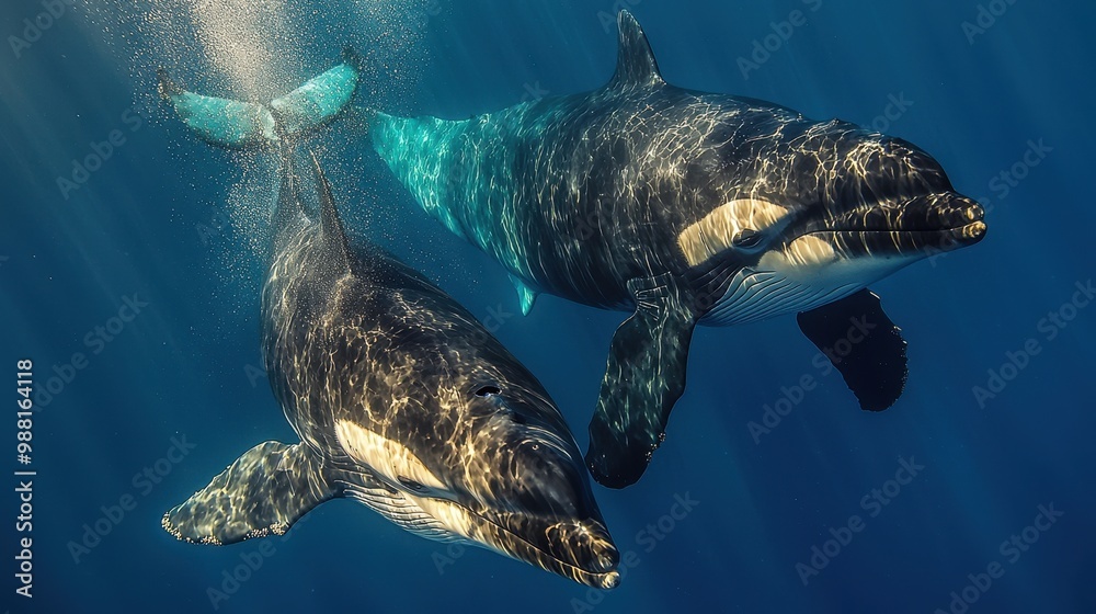Obraz premium Orca Whales Swimming Underwater in Blue Ocean