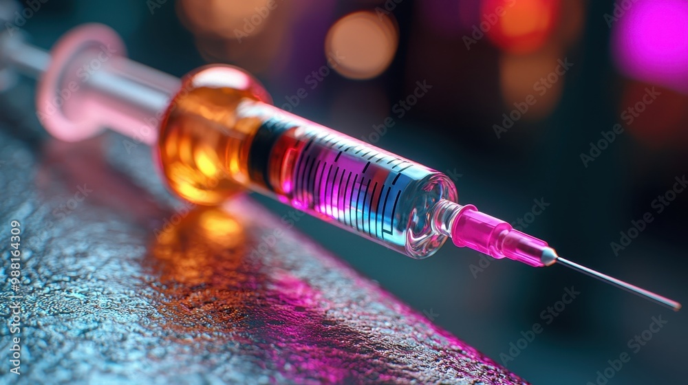 Closeup Syringe with Needle and Liquid on Colorful Background