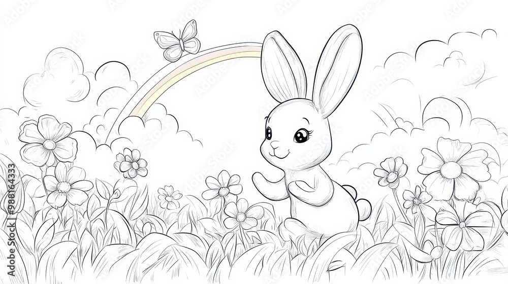 Cute Bunny in a Flowery Meadow with Rainbow and Butterfly Cute Bunny in a Flowery Meadow with Rainbow and Butterfly