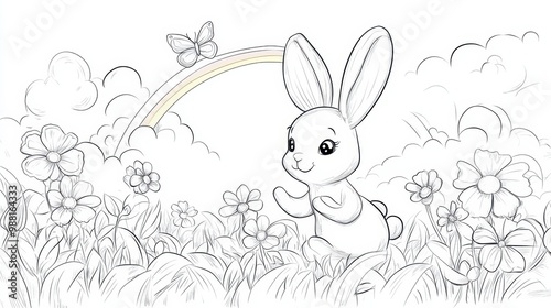 Cute Bunny in a Flowery Meadow with Rainbow and Butterfly