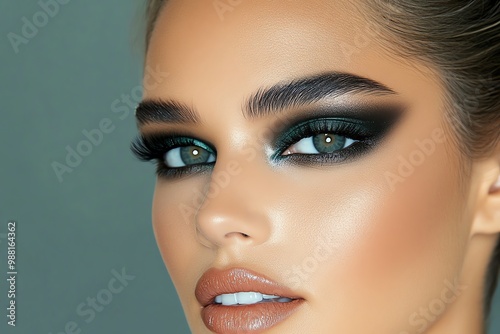 A model showcasing a dramatic smoky eye makeup look, with dark eyeshadow blending perfectly