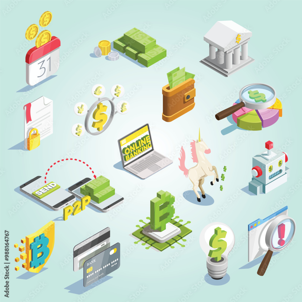 financial technology isometric concept icons Set