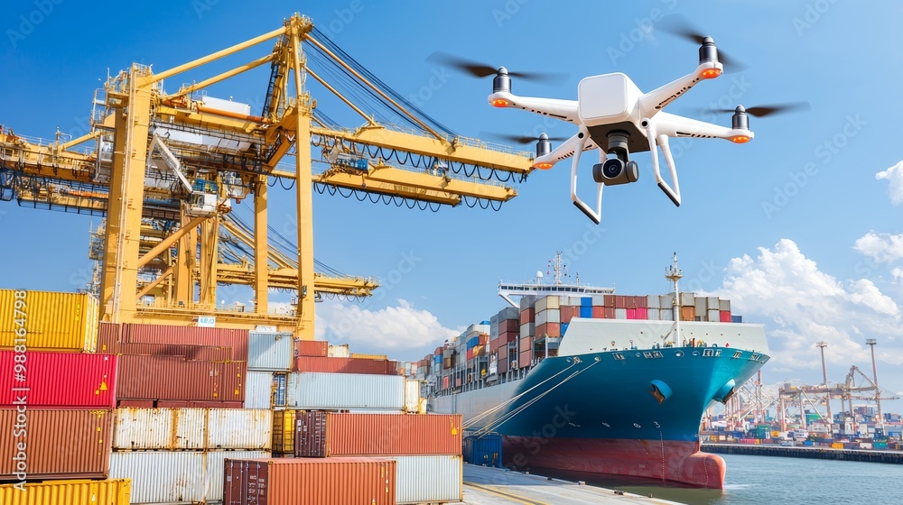 Fototapeta premium Drone Over Port with Cargo Ship and Containers