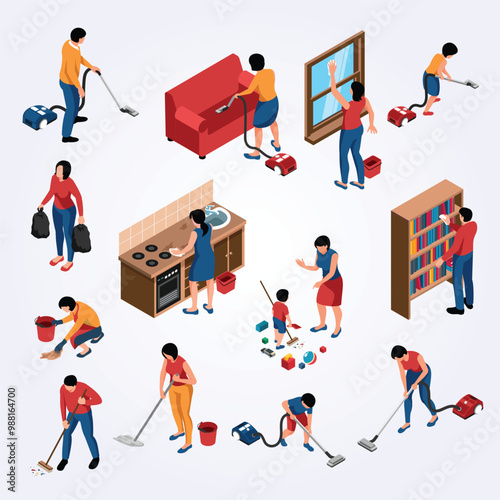 Isometric people cleaning home set with isolated icons characters of family members doing cleanup of apartment vector illustration