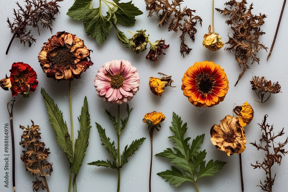 Collection of Wilted Flowers and Parched Foliage on a Clear Background Collection of Wilted Flowers and Parched Foliage on a Clear Background