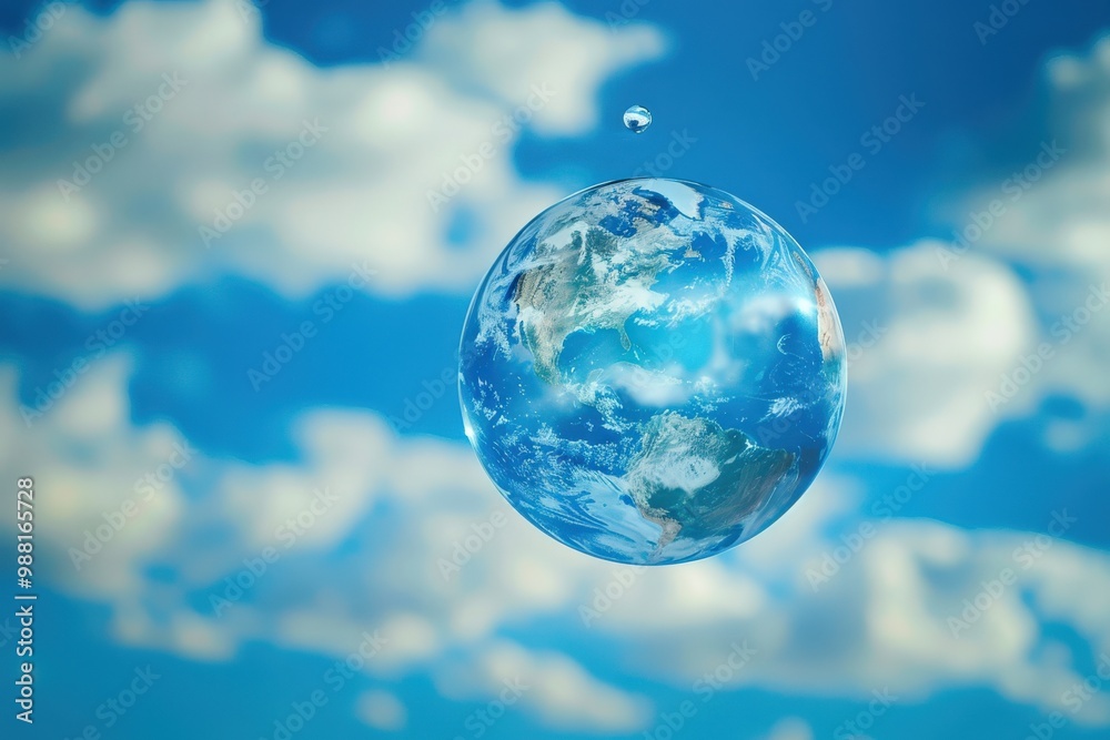 World in Water Drop on blue sky background World in Water Drop on blue sky background
