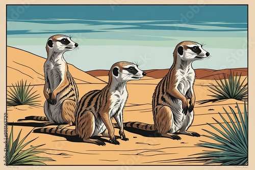 Playful Meerkats in the Desert: Earthy Block Print Artwork photo