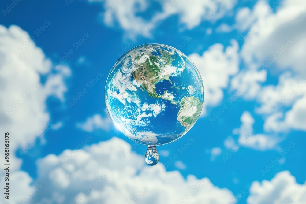 World in Water Drop on blue sky background World in Water Drop on blue sky background