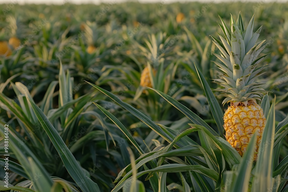 Close-up ripe pineapple on plant in a large field Close-up ripe pineapple on plant in a large field