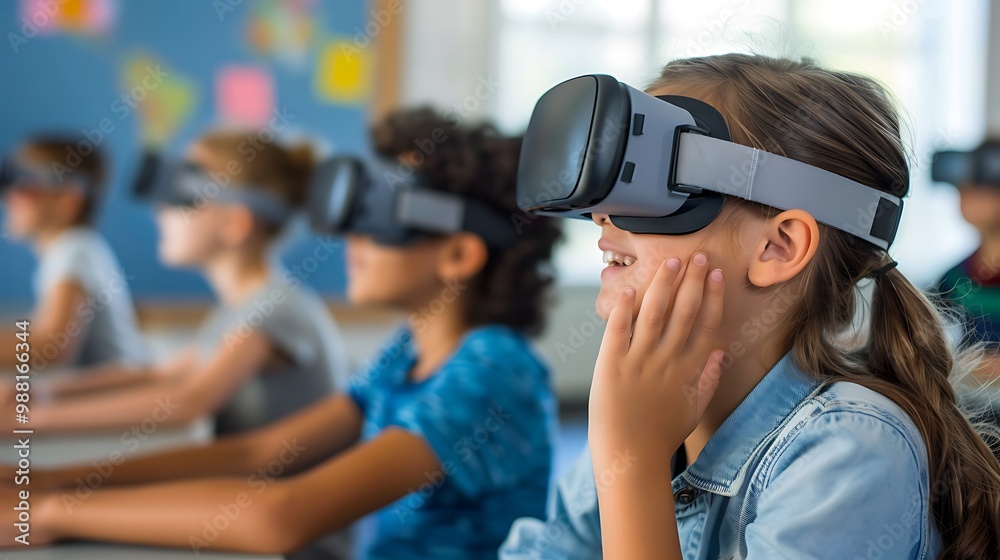 Children in a classroom use virtual reality headsets to explore new learning possibilities. Children in a classroom use virtual reality headsets to explore new learning possibilities.