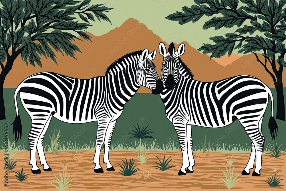Obraz premium Vibrant Block Print Style Artwork of Wild Zebra Relationships in Nature